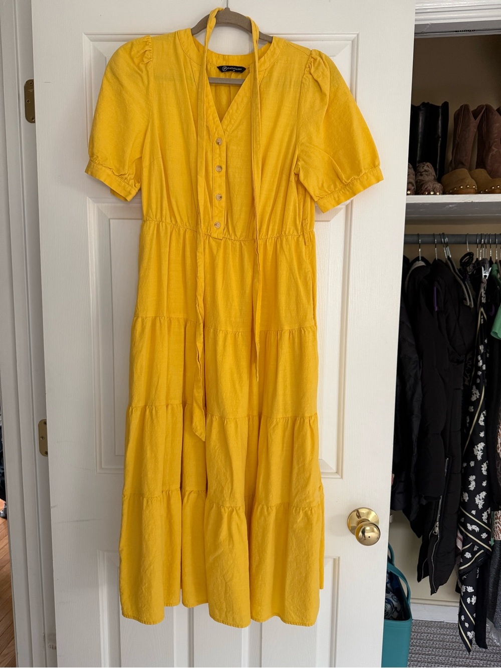 Bright Yellow Tiered Midi Dress with Tie Neck